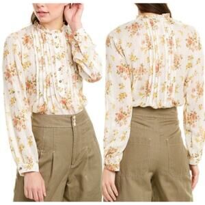 Floral Pintuck Ruffle Neck Blouse - White/Cream